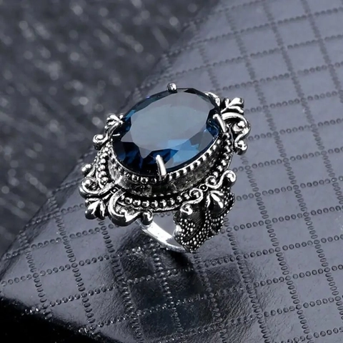 Anillo In Lega Finitura Argento Antico Grande Pietra Di Vetro Blu Ovale Gioielli Dichiarazione Filigrana Per Donne