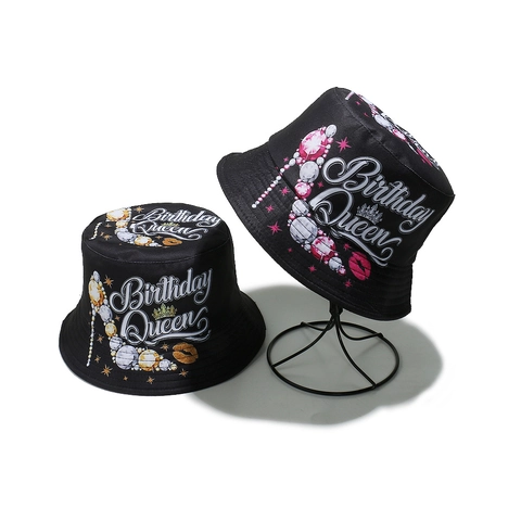 Chapeau Bob Birthday Queen Polyester Protection Solaire Fête Graphisme Couronne Talons Hauts Noir