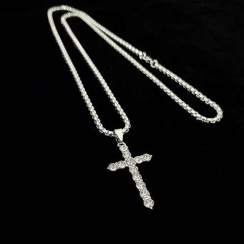 Cross Pendant Necklace Rhinestone Titanium Steel Alloy Hip Hop Streetwear Men Jewelry Accessory