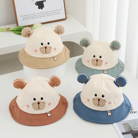 Bambino Cappello Pescatore Cappellino Da Baseball Misto Cotone Orecchie Di Orso 3D Ricamo Cartone Animato Protezione Solare