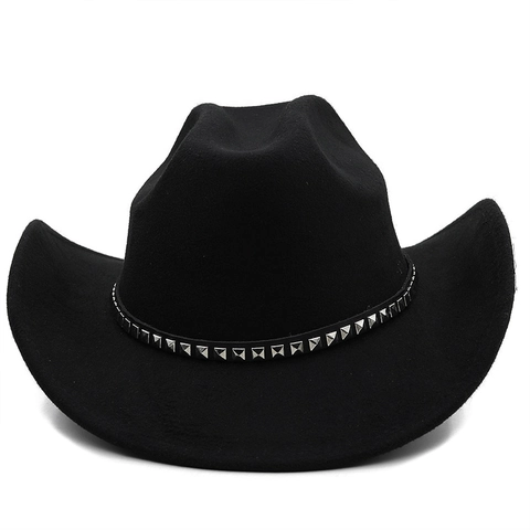 Cappello Da Cowboy Western In Feltro Di Lana Con Fascia In Pelle Borchiata Quadrata Tesa Larga Arricciata Retro Jazz Fedora Unisex