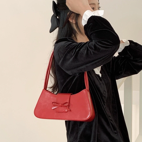 Women PU Leather Underarm Shoulder Bag Minimalist Bowknot Decor Baguette Handbag Fashion Solid Color