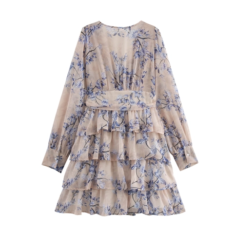 Mini Jurk Met Bloemenprint V Hals Lange Mouwen Gelaagde Ruches Elegante Franse Stijl Polyester Voor Dames