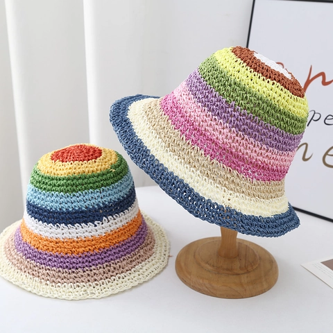 Cappello da Pescatore in Paglia di Carta a Righe Arcobaleno Tessuto a Mano per Donna Estate Spiaggia Protezione Solare Traspirante