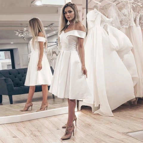 Off Shoulder Satin Wedding Guest Dress Elegant A-Line Short Evening Party Gown For Women Bridesmaid Minimalist