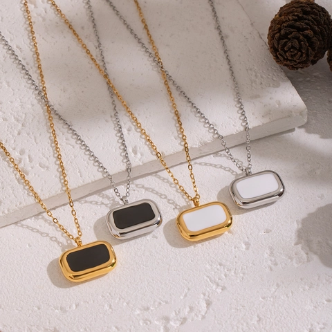 Halskette Edelstahl Rechteck Anhänger 18K Vergoldet Emaille Wasserdicht Hypoallergen Minimalistischer Schmuck Für Damen