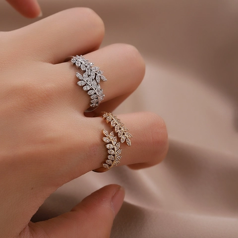 Leaf Adjustable Open Ring Copper With Sparkling Cubic Zirconia Olive Branch Jewelry For Women Elegant Stylish Gift