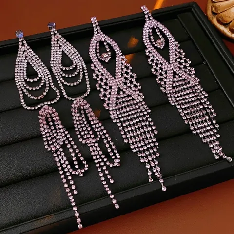 Orecchini Pendenti Con Nappa Lunga In Strass Viola Gioielli In Rame Geometrici Con Perno In Argento Per Donna Lusso