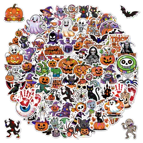 Holographic Halloween Stickers Waterproof Vinyl Cartoon Decals For Laptop Water Bottle Luggage Skateboard Pumpkin Ghost Wizard