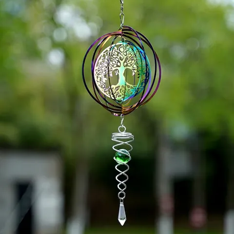 Iridescent Metal Wind Spinner Hanging Decoration Rainbow Tree Of Life Outdoor Garden Ornament With Spiral Tail Crystal Ball