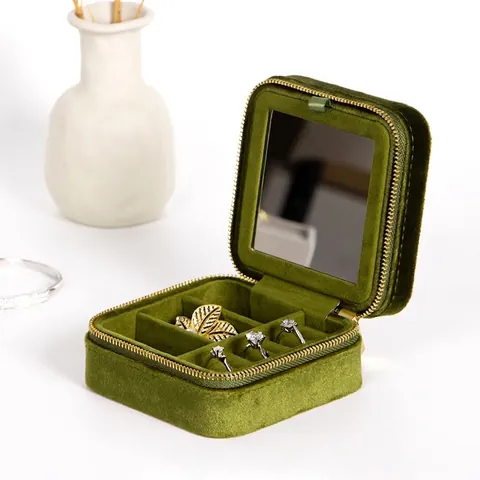 Joyero Portátil de Terciopelo Caja Cuadrada Mini Joyero Con Espejo Para Anillos Pendientes Collar Bolsa de Terciopelo