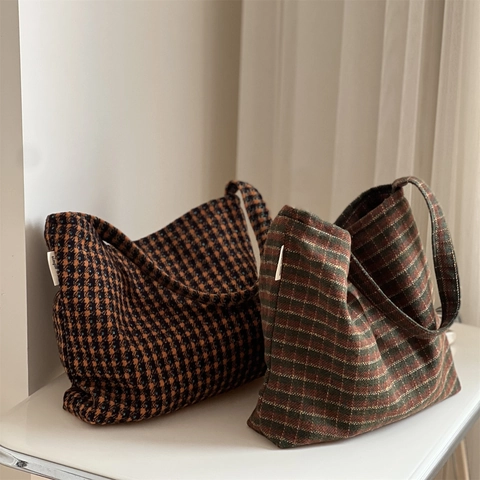 Sac Sous Le Bras En Laine À Carreaux Style Tweed Vintage Sac Hobo Épaule Pour Femmes Esthétique Littéraire Doublure En Toile