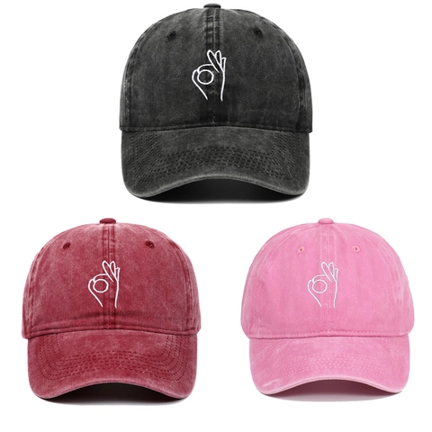 Washed Cotton Baseball Cap OK Hand Gesture Embroidery Retro Adjustable Sun Protection Outdoor Sports Hat