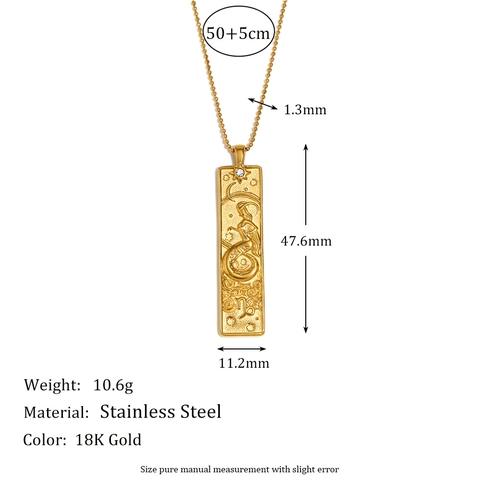Constellation Pendant Necklace Stainless Steel Gold Plated Rectangular Relief Zodiac Tarot Style For Women