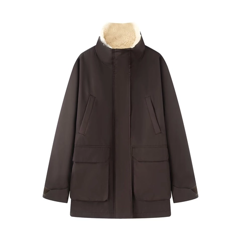 Γυναικείο Μόδα Patchwork Parka Μπουφάν Με Όρθιο Γιακά Από Τεχνητό Μαλλί Αρνιού Καθημερινό Αντιανεμικό Παλτό