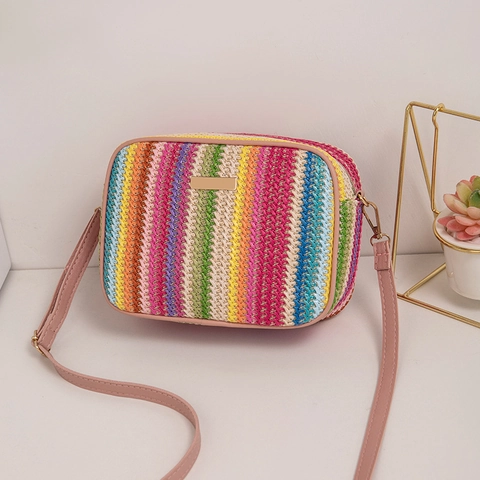 Dames Stro Geweven Crossbodytas Regenboog Gestreepte Camera Schoudertas Met Kunstlederen Riem Voor Zomervakantie