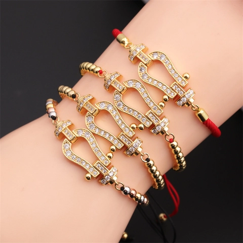 Hufeisen Armband Kupfer Mikro Pave Zirkonia U-förmige Schnalle Gewebtes Seil Verstellbar Minimalistischer Modeschmuck Damen