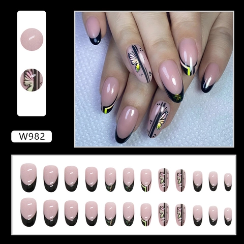 Faux Ongles Press On French Tip Noir Motif Papillon Ovales Ongles Artificiels Style Y2K Cool Pour Femmes