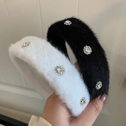 Plush Rhinestone Rose Headband Wide Brim Thickened Hair Band With Metal Flower For Women Korean Style Fashion Soft