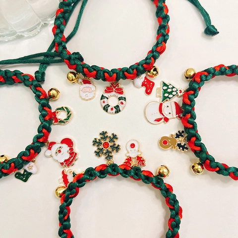 Christmas Pet Collar Hand Woven Red Green Rope Alloy Enamel Pendants Bell Santa Snowflake Reindeer For Dogs Cats Adjustable Festive Accessory