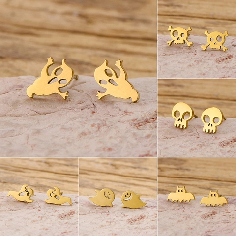 Stainless Steel Stud Earrings Halloween Ghost Skull Bat Cartoon Gothic Punk Fashion Jewelry For Women