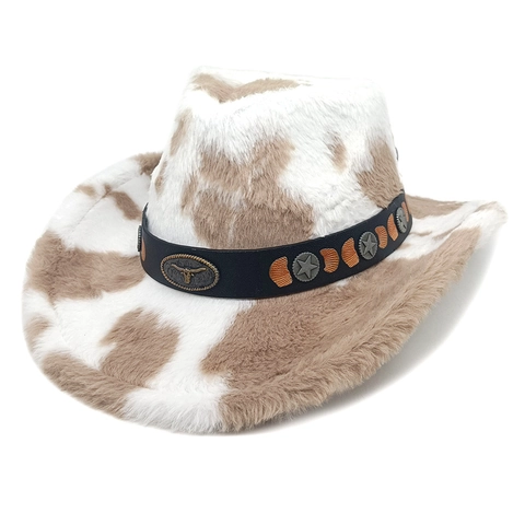 Sombrero De Vaquero Estampado De Vaca Piel Sintética Felpa Ala Ancha Vintage Decoración Cabeza De Toro Street Style Cálido Para Mujeres Hombres