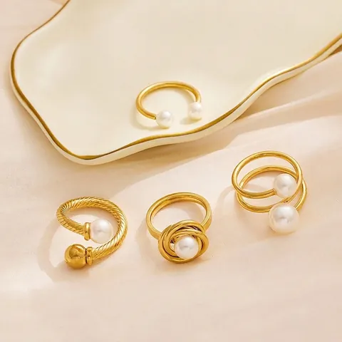 Titanium Steel 18K Gold Plated Artificial Pearl Rhinestone Open Ring Vintage Geometric Twisted Knot Ring For Women Jewelry