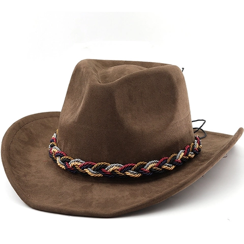 Western Cowboy Hat Faux Suede Wide Brim Fedora With Colorful Woven Belt Vintage Outdoor Ethnic Style