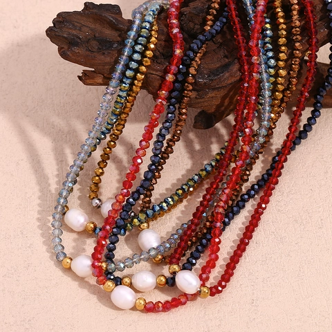 Faceted Crystal Beaded Necklace With Artificial Baroque Pearl And Stainless Steel Accents For Women Retro Boho Style Jewelry