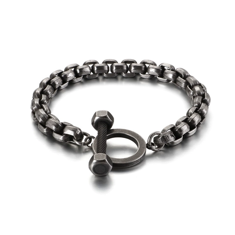 Pulsera De Cadena Hombre Acero Inoxidable Textura Martillada Industrial Vintage Mancuerna Cierre De T-Bar Retro Punk Joyería