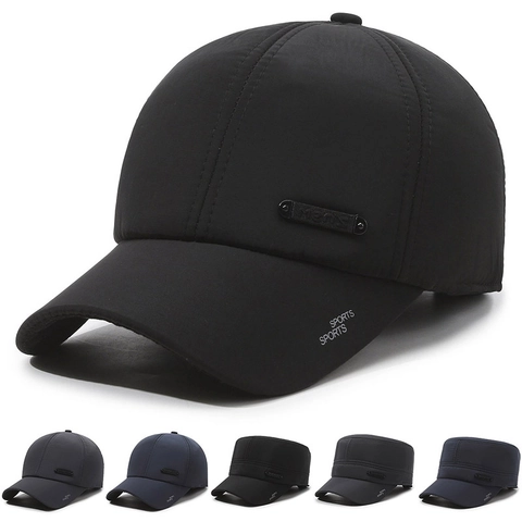 Men Winter Thermal Baseball Cap Ear Protection Windproof Outdoor Sports Hat Flat Top Cadet Cap Fleece Lined Adjustable