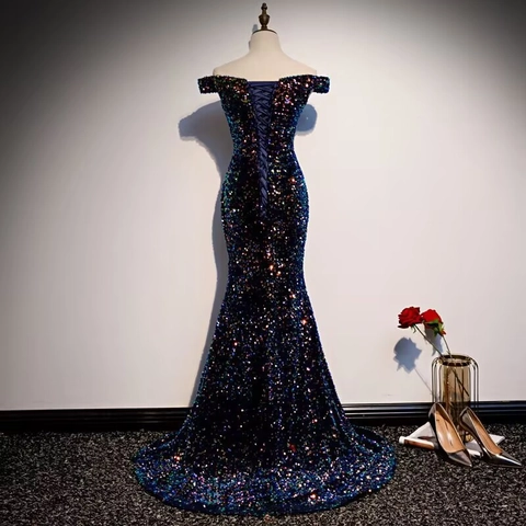 Sequin Evening Gown Off The Shoulder Deep V Neck Mermaid Silhouette Polyester Formal Party Dress For Women Elegant