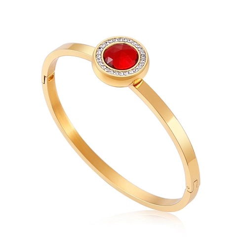 Elegant Stainless Steel Bangle Bracelet With Round Cut Gemstone And Halo Rhinestone For Women Fashion Hinged Clasp Jewelry
