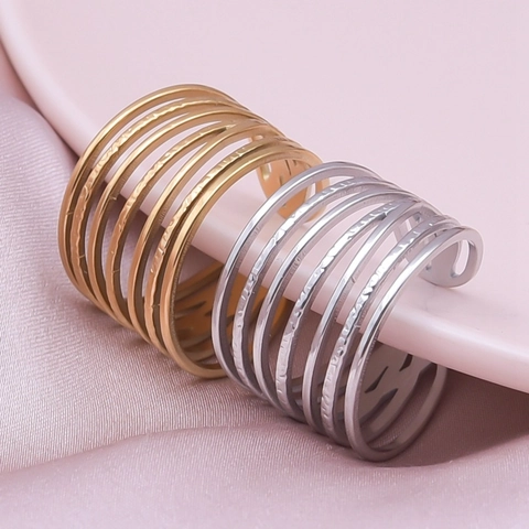 Mehrlagiger 304 Edelstahl Ring Gehämmertes Muster Verstellbar Offen Geometrisches Band Schmuck Für Damen Herren