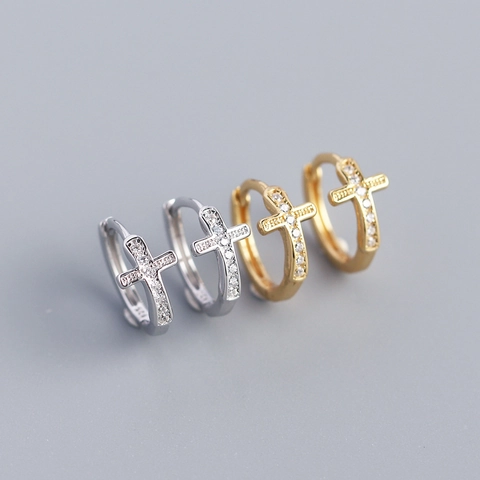 Orecchini A Cerchio Con Croce Argento Sterling 925 Zircone Incastonato Minimalista Versatile Gioielli Donna