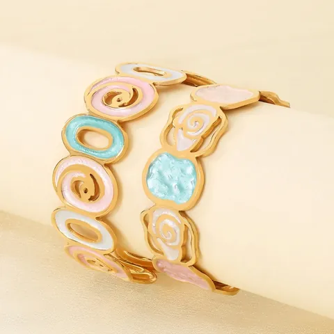 Bracciale Rigido Aperto Placcato Oro In Acciaio Inossidabile Per Donna Smalto Colorato Fiore Cavo Spirale Vintage