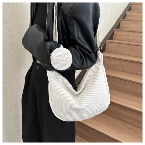Women's Vintage Corduroy Shoulder Bag Retro Half Moon Hobo Bag With Small Round Pouch Casual Crossbody Dumpling Bag
