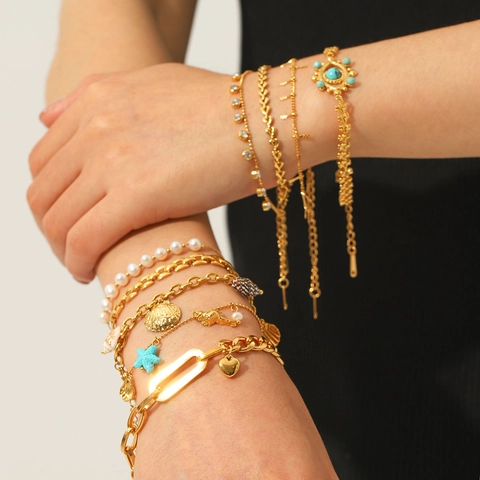Pulsera Bohemia De Ojo Turco Concha Estrella De Mar Chapado En Oro 18K Acero Inoxidable Perla Artificial Joyería De Moda Para Mujeres