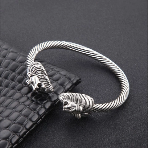 Lion Head Open Cuff Bangle Alloy Twisted Rope Retro Punk Style For Men Antique Silver