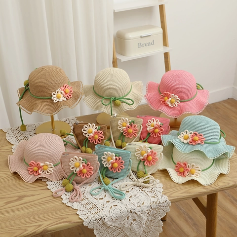 Cappello Di Paglia E Borsa A Tracolla Per Bambini Ragazze Decorazione Floreale Bordo In Pizzo Protezione Solare Estate