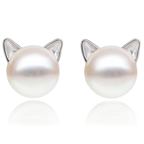 Cute Cat And Rabbit Ear Artificial Pearl Pendant Necklace Stud Earrings Women Jewelry Copper Inlaid Zircon Sweet Style
