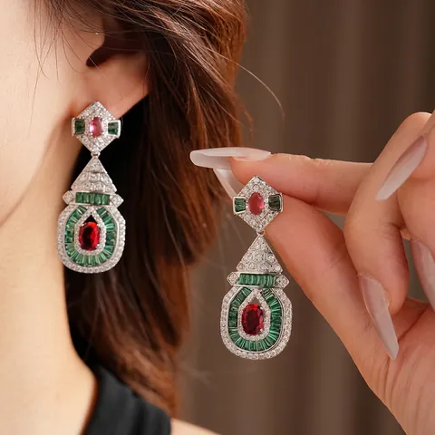 Boucles D'Oreilles Pendantes Géométriques Vintage Avec Zircon Rouge Vert Base En Cuivre Et Tige En Argent Bijoux Femme