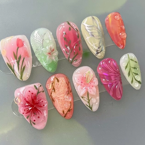 Uñas Postizas Press On Con Relieve 3D Diseño Flores Mariposa Flor De Hielo Burbuja Plástico ABS Brillante Almendra Larga