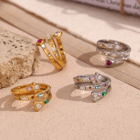 Anillo Aperto A Spirale A 3 Strati Acciaio Inossidabile 316L Placcato Oro 18K Zirconia Cuore Freccia Gioielli Regolabili Da Donna