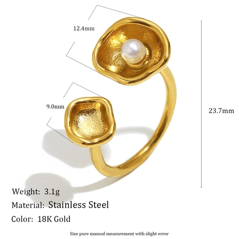 18K Gold Plated Stainless Steel Open Ring For Women With Shell Artificial Pearl Irregular Organic Niche Retro Style