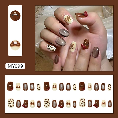 Press On Nails ABS Braun Caramel Katzenauge Effekt Mit 3D Schleife Und Leopard Muster Süßer Vintage Stil Für Damen