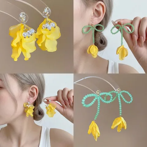 Pendientes Colgantes De Pétalos De Flores Con Poste De Plata De Ley 925 Circonita Perla Artificial Amarilla Para Mujeres