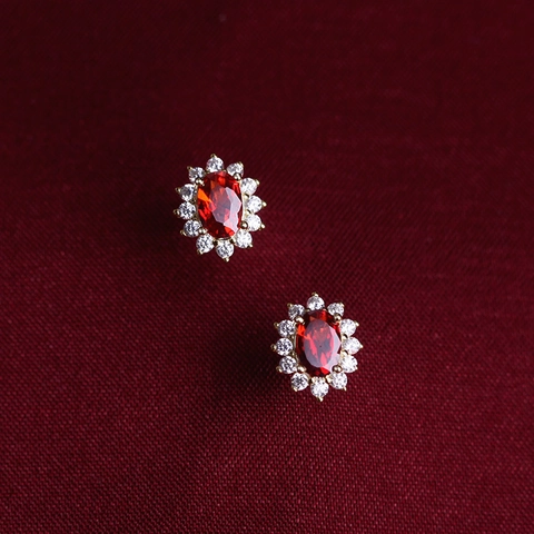 Oval Red Zircon Halo Earrings With 925 Sterling Silver Earring Post 18K Gold Plated Retro Jewelry For Women