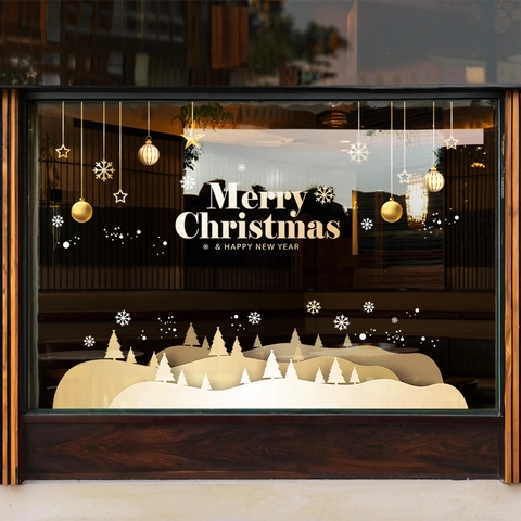 Christmas Window Stickers Static Cling PVC Snowflake Pine Forest Merry Christmas Decoration Removable For Glass Door