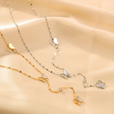 Butterfly Pendant Necklace Titanium Steel 18K Gold Plated Zircon Mother Of Artificial Pearl Y-Shape Lariat Elegant Jewelry Women